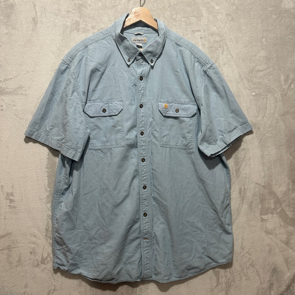 Carhartt Mens 2XL Tall Blue Short Sleeve Button Down Shirt Original Fit